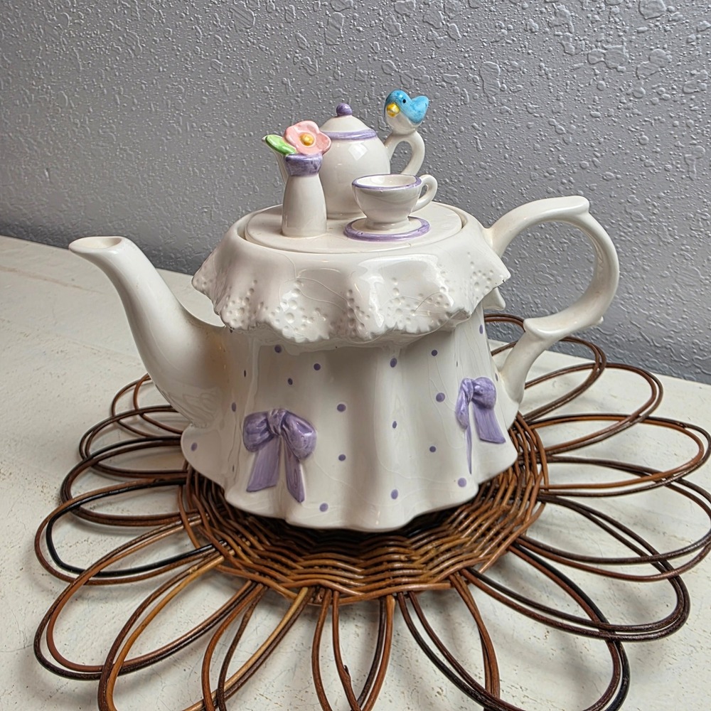 Vintage 80s Teleflora The Tea Party Teapot Purple Ribbon Bows Dots Cottagecore